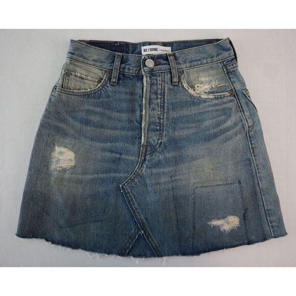 RE/DONE Women Sz 25 Blue Originals Hi-Waist Distressed Denim Mini Skirt - Picture 1 of 4